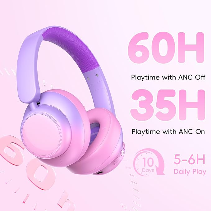 Candy Bila Active Kids Noise Cancelling Headphones, 60H Play Time Kids Bluetooth Headphones, Safe Volume, Bluetooth 6.0, USB C Charging, Headphones for iPad Tablet Airplane,Gradient Pink