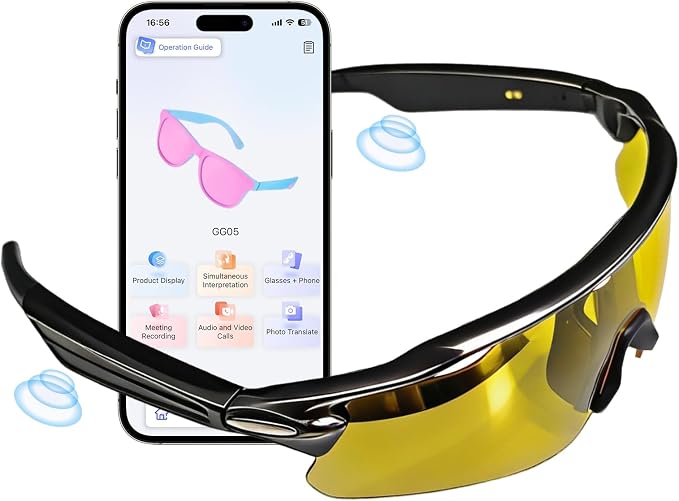 Bluetooth Smart Sunglasses for Men Women, Open-Ear Speaker Glasses with Touch Control, UV400 Polarized Lens, 5-6H Playtime for Outdoor Sports,Black and Yellow