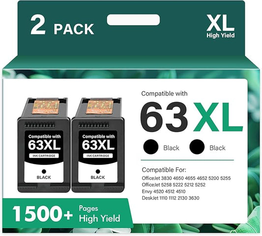 63 63XL Black Ink Cartridge Replacement for HP63XL Ink 63 XL for HP Envy 4520 OfficeJet 3830 4650 5255 5258 5200 4655 4512 DeskJet 1112 3630 2130 2132 3632 Printer 2-Pack