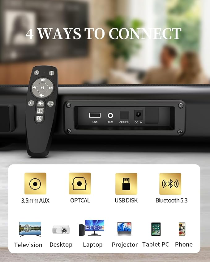 Sound Bar – 50W, Sound Bar for Smart TV, Sound Bar with Bluetooth 5.0, Optical/AUX Connectivity, Remote Control, Wall-Mountable Home Theater Audio, Compatible with TV, PC, and Phone