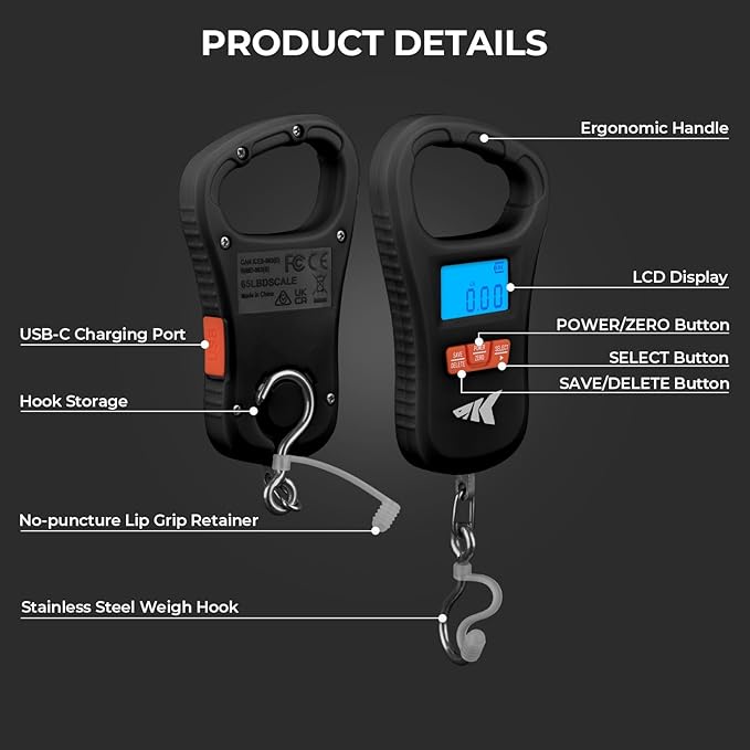 KastKing ToughTide Fishing Scale, USB Charging, 65lb Capacity, Ultra-Thin Digital Fish Scale, LCD Display, Ergonomic Handle, Fish Scales Digital Weight, Fishing Accessories for Men