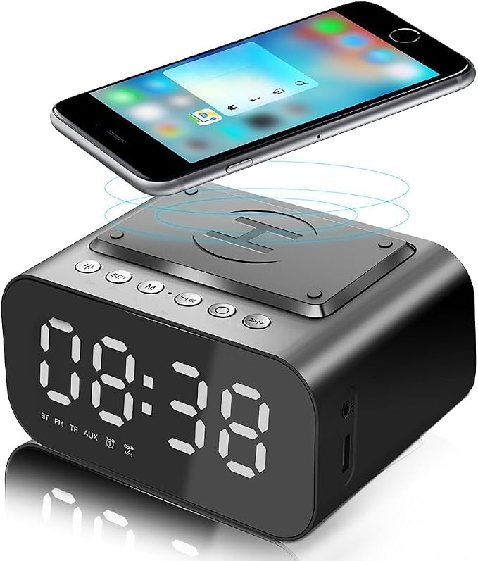 IHAO 7in1 Multifunctional Digital Alarm Clock with 15W Fast Wireless Charger Bluetooth Speaker LED Display Clock FM Radio TF Card, AUX Input, USB Port Dual Alarm for Bedroom and Office-BT510 Black
