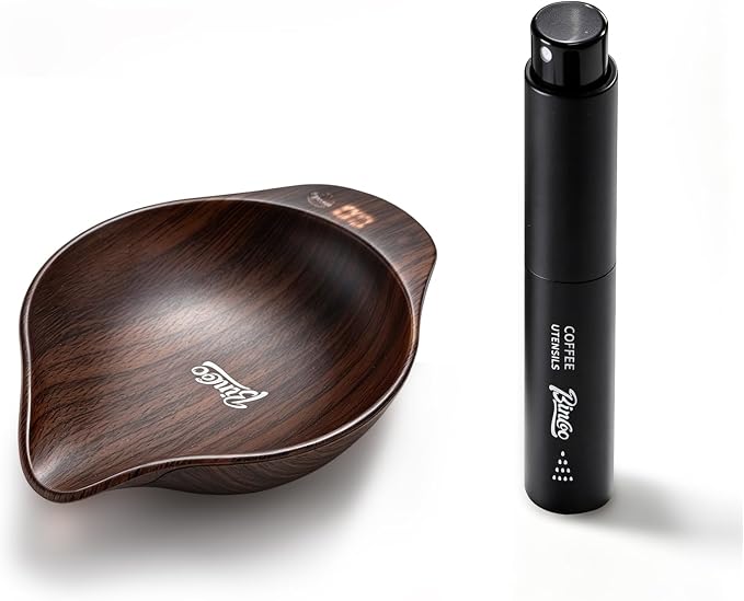 BINCOO Walnut Coffee Bean Scale Dosing Cup with LED Espresso Scale Coffee- Rechargeable 0.1，Small Coffee Spray Bottle， Precision &Tea Scale & Perfect Coffee Lover Gift（walnut wood）