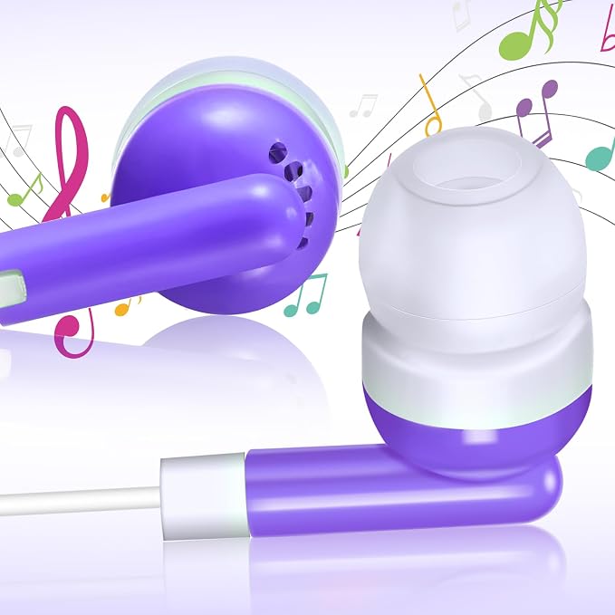 Konohan 100 Pcs Bulk Earbuds with Wire Basic Headphones in Ear for Libraries Laptop, No Microphone 3.5 mm Jack Earbuds Dot Headphones, Individually Bagged (Purple)