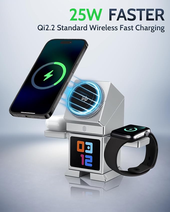 ModiTech 7 in 1 Wireless Charging Station for Apple - Qi2.2 Certified 25W Magnetic Magsafe Charger Stand for iPhone 17/16/15/14/13/12 - Apple Watch - Airpods Series, Silver with Adapter