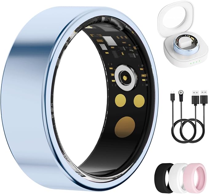 Smart Ring for Women & Men, Health Tracker Ring with Heart Rate, SpO2, Blood Pressure,Temperature, HRV & Stress, IP68 Waterproof Fitness Ring, Sleep Tracker for iPhone & Android, No App Fee(Blue, 7#)