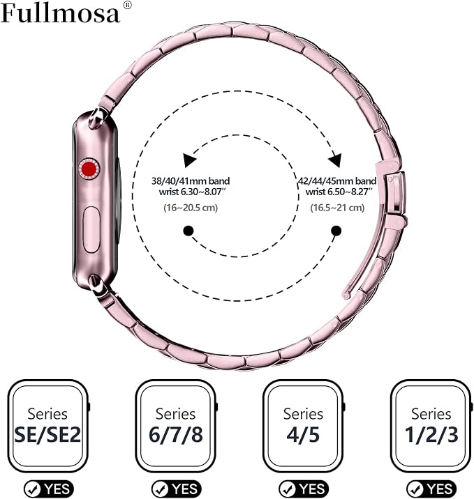 Fullmosa Metal Band Compatible with Apple Watch Bands 45mm 44mm 42mm, iWatch Band with Case for Apple Watch Series 9 8 7 6 5 4 3 2 1 SE3/2/1, Rose Pink