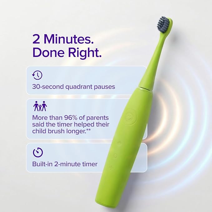 Burst Kids & Toddlers Electric Toothbrush (Green) | Soft Bristles | Two Minute Timer | Rechargeable Battery | Easy-Grip Silicone Handle | 2 Modes for Healthy Smiles | Ages 3+