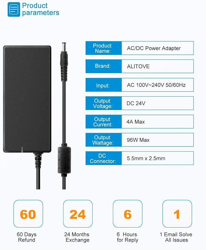 ALITOVE 24V Power Supply 4A 96W AC/DC Adapter 100-240V AC to DC 24 Volt Converter 4amp 3.75A 3.5A 3A 2.5A Transformer 5.5x2.5mm for AMS-2-Pro LED Strip CCTV Camera LCD Monitor Massage Chair