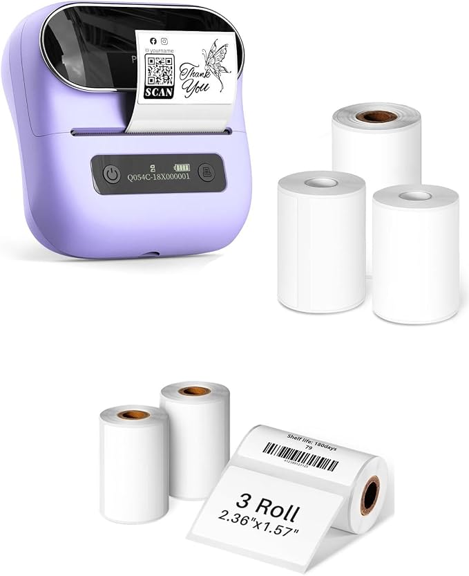 Phomemo M220 Label Maker Purple + with 4 Roll Label, 3.14 Inch Bluetooth Thermal Label Printer for Barcode, Address, Labeling, Mailing, File Folder Label, Easy to Use, Support Smartphone, Tablet&PC