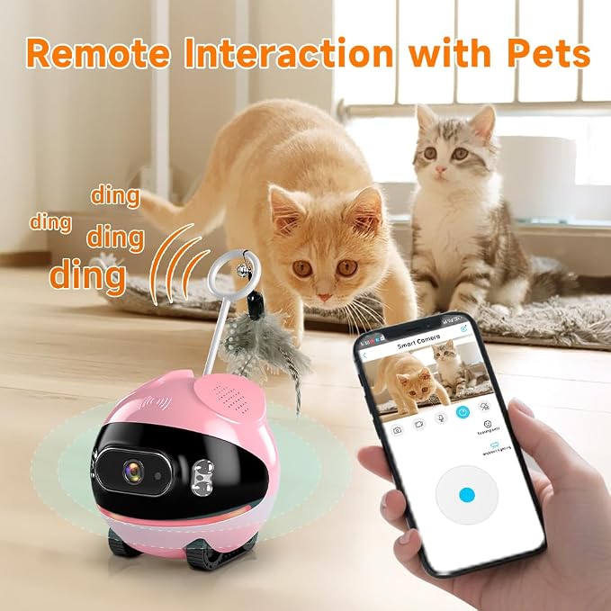 Pet Camera Robot with Cat Teaser: Battery-Operated, Movable with Phone App, 2-Way Talk, Video/Photo, Night Vision (Pink)
