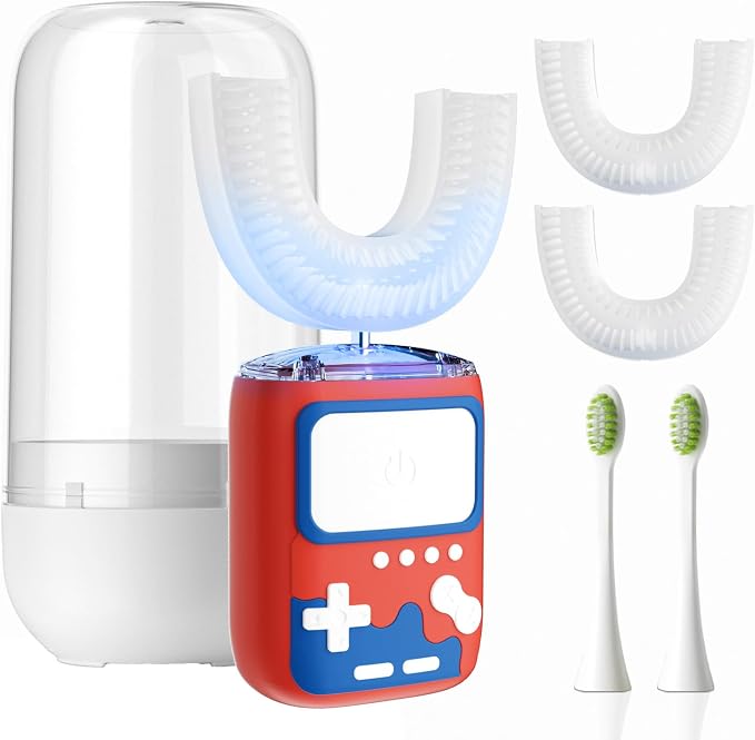 Adult Ultrasonic Electric Toothbrush, 360° Oral Cleaning for Stain & Whitening, IPX7 Waterproof Rechargeable, U-Shape Brush Head×3 + Straight Handle Brush Head×2 + Storage Cup