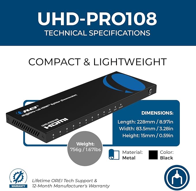 OREI 4K 1 in 8 Out HDMI Splitter 4:4:4 8-bit - HDMI 2.0, HDCP 2.2, 18 Gbps, 4K @ 60Hz HDMI Duplicator/Distributor UltaHD High Resolution (1x8)