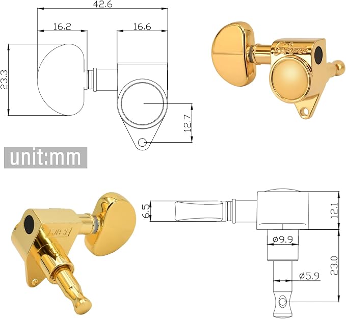 FRETJOYB Guitar Tuning Pegs 3x3 Standard Guitar Tuners Acoustic or Electric Guitar Tuning Keys Replacement 18：1-Gold(3R+3L)