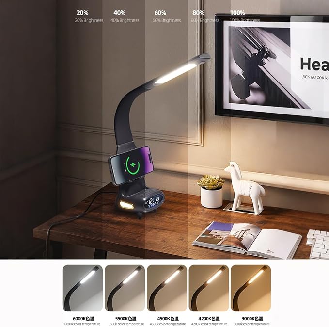 IHAO Multi Functional Smart Eye-Care Desk Lamp Wireless Charger & Digital Alarm Clock Gesture Control Adjustable Light 15W Fast Charging Hidden Phone Stand, Date Timer Display Wake-Up Light-TX79 White