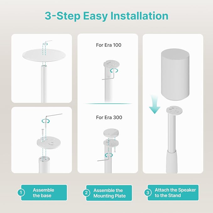 PEGZONE Speaker Stands Pair Compatible with Sonos Era 100 and Era 300, Height-Adjustable from 26.9"-42", Cable Management, 11lbs Capacity, White, 2 Pack(1 Pair)