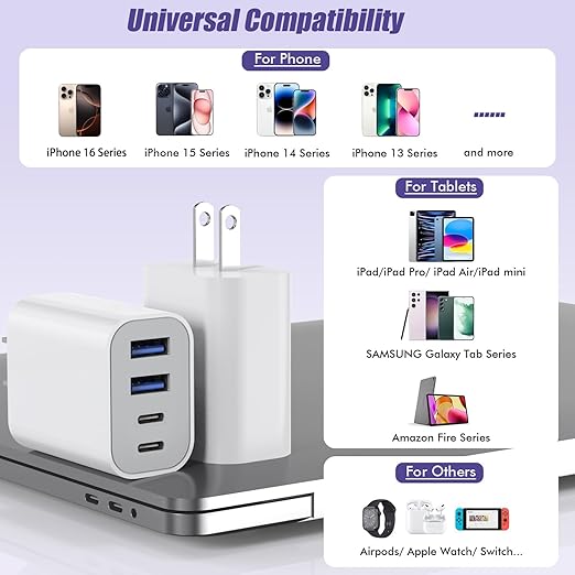 USB Fast Charging Block, 4-Port 40W Charge Adapter for iPhone Dual USB C Charger, Multiport Type C Fast Charger for iPhone 17/17 Air/16e/16 Pro/16 Pro Max/15/14/13/12,iPad Pro/iPad Air, iPad mini,iPad