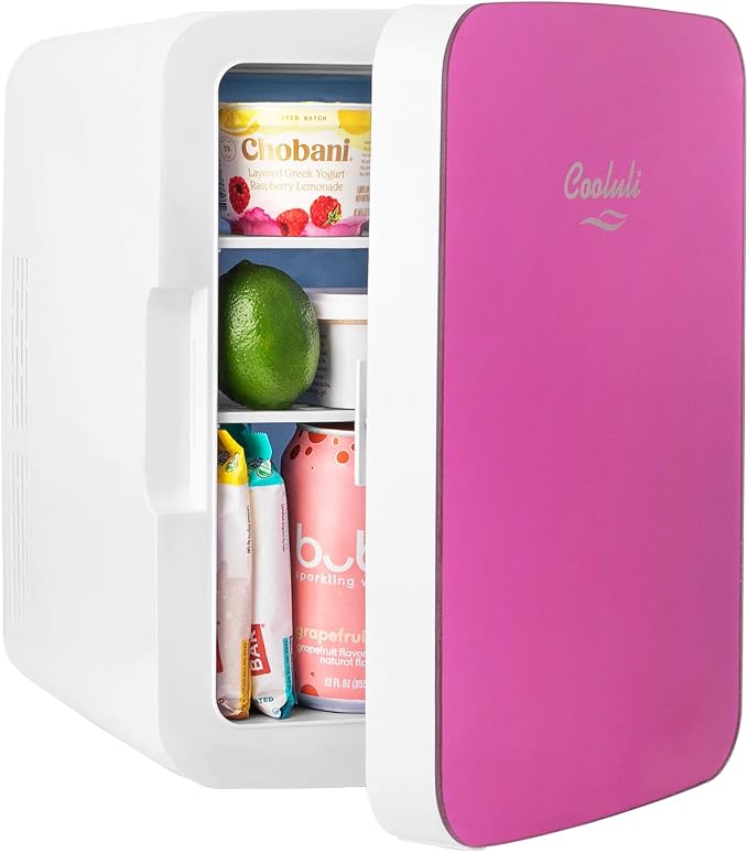Cooluli 10L Mini Fridge for Bedroom, Car, Office Desk & Dorm - Portable Thermoelectric Cooler & Warmer for Food, Drinks, Skincare - Compact Refrigerator with Glass Front, Pink