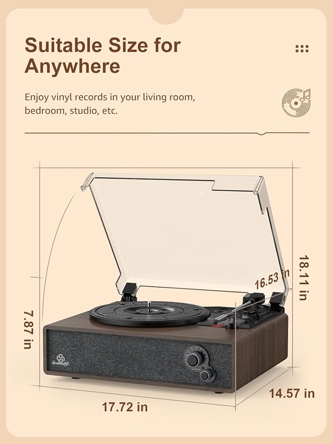 Record Player Vintage Turntable for Vinyl Records Built-in Stereo Speakers LP Phonograph Auto Stop Tone Adjustment Belt Drive 3 Speed 3 Size Support Wireless Input RCA Output Retro Coffee Brown
