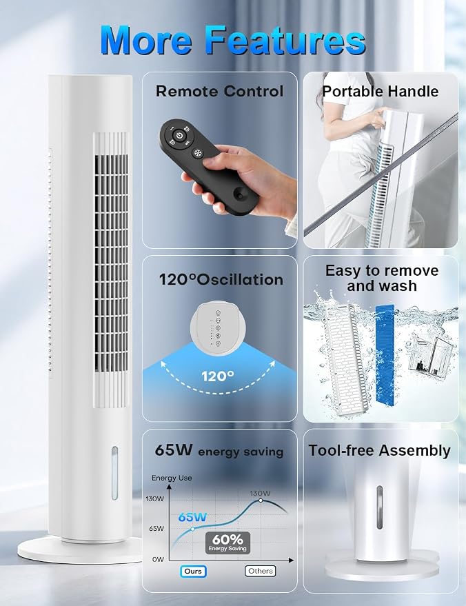 Windowless Portable Air Conditioners, 35" Evaporative Air Cooler w/3 Speeds&3 Modes, 25ft Remote&Smart Timer, 120°Oscillating Portable AC Unit, Swamp Cooler Air Conditioner for Bedroom Indoor