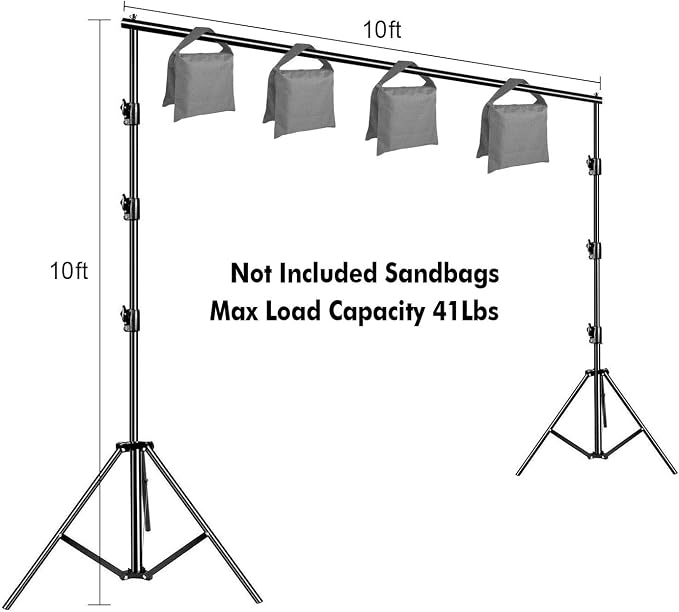 HYJ-INC 10 x 10Ft Photo Video Studio Heavy Duty Adjustable Muslin Backdrop Stand Background Support System Kit for Photography with Carrying Bag，4 Pcs Spring Clamps