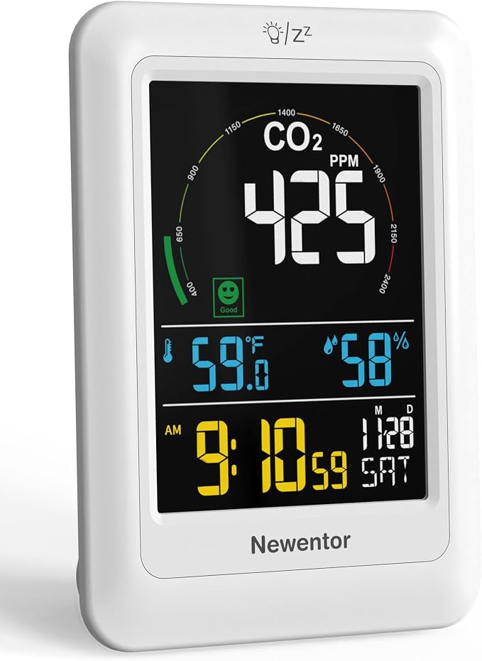 Newentor CO2 Monitor, Indoor Air Quality Meters, Carbon Dioxide Detector with Voice, Large Display CO2 Tester, Temperature Humidity Sensor, Alarm Clock for Home, RV, Grow Tents, Off White
