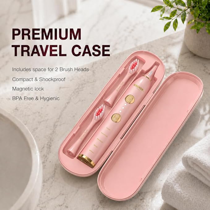 Wagner Stern WHITEN+ Electric Toothbrush, 48,000 VPM, Pressure Sensor, 5 Modes, 8 Brush Heads, Travel Case