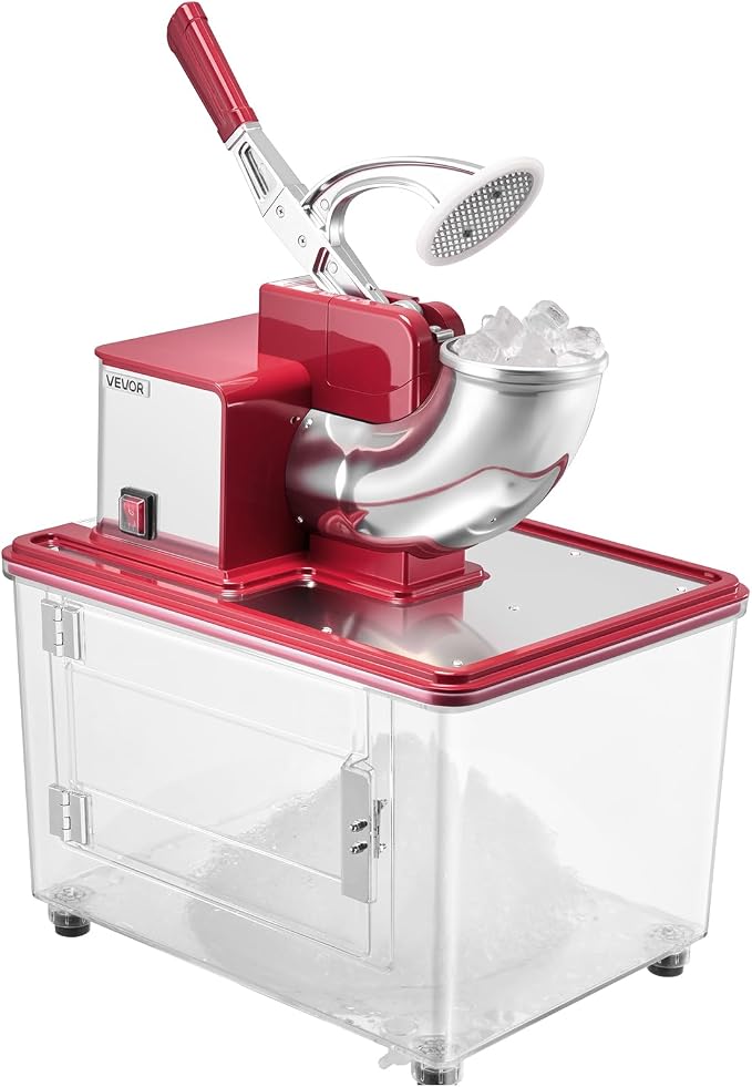VEVOR Commercial Ice Crusher 661LBS/H, 350W Electric Snow Cone Machine with 4 Blades, 2000RPM Stainless Steel Shaved Ice Machine with 11 Gal Crushed-Ice Box, for Family Restaurants Bars, Red