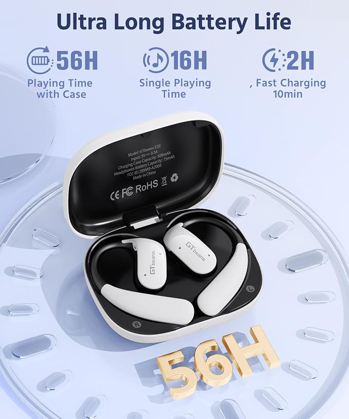Open Ear Earbuds, Soft Earhook, 56H Playtime, Bluetooth 6.0, Bass | True wireless over ear headphones, Ergonomic fit, Powerful Sound, AI clear call mic, IP55 waterproof for work, sport, White