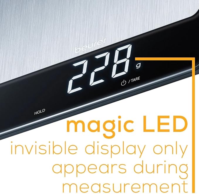 Beurer KS34 Digital Kitchen Scale - Precise Scale for Food Ounces and Grams, 33lbs Capacity, XL Weighing Platform for Meal Prep, Magic Display, Tare Function - Batteries Included - Black Glass