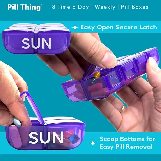 8 Times a Day, 7 Day Large Weekly Pill Organizer with Holder Tray, Vitamin, Medicine Box, Multicolor with Medical Alert Card (8X a Day - 2 Pack)