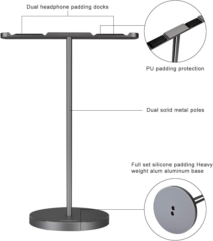 JOKItech Double Headphones Stand, Aluminum Alloy Desk 3 Headsets Holder Supporting Desktop Earphone Hanger Mount Storage Rack with Heavy Base for Home and Office Display Spacegrey