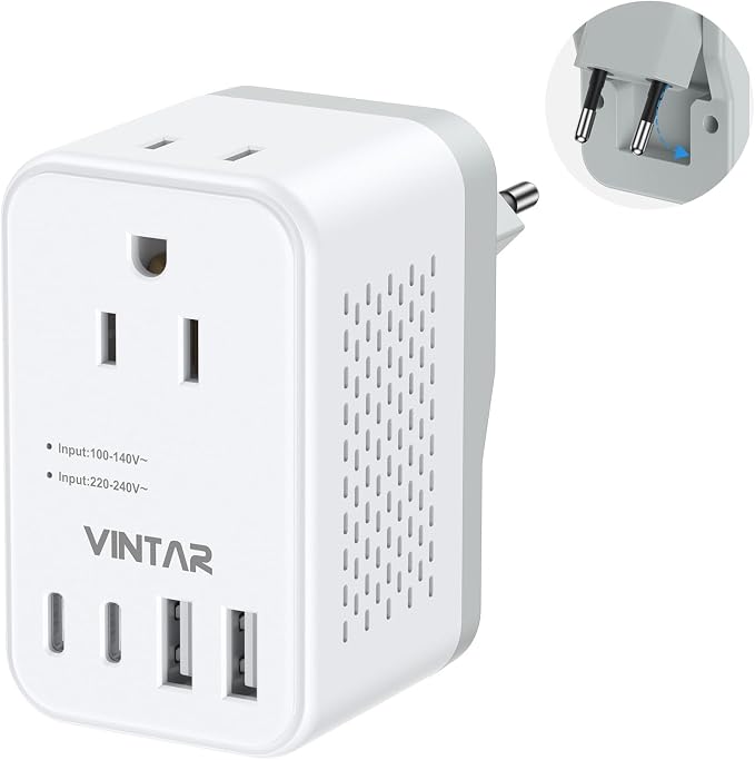 220V to 110V Travel Voltage Converter US to Europe, VINTAR 2000W Foldable European Travel Plug Adapter with 4 USB (2 USB C), Converter for European Travel for Hair Dryer Straightener Curling Iron