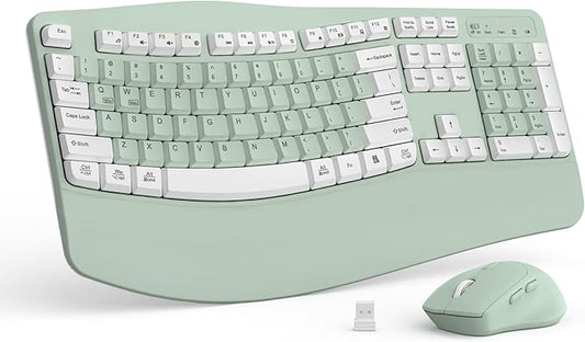 Wireless Keyboard and Mouse Combo,2.4G Full Size Wave Keys Ergonomic Keyboard with Wrist Rest for Natural Typing, 3 DPI Adjustable Ergonomic Mouse for Computer/Laptop/Windows/Mac (Avocado Green-A)