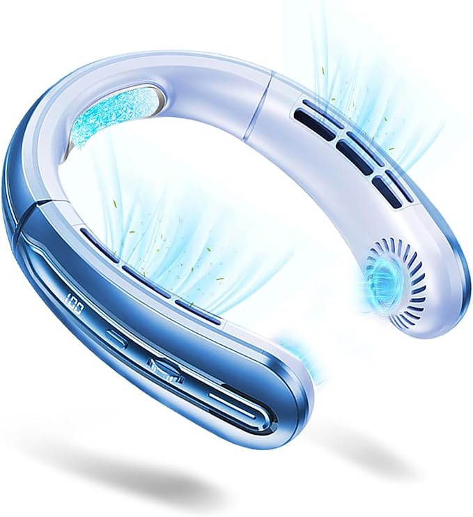 Portable Neck Fans that Blow Cold Air, Rechargeable Personal Small Wearable Cooler With 3-Speed, LED Display, 5000mAh, Type-C Port, Gift For Women, Dad, Birthday, Father, Travel, Outdoor, Grey Blue