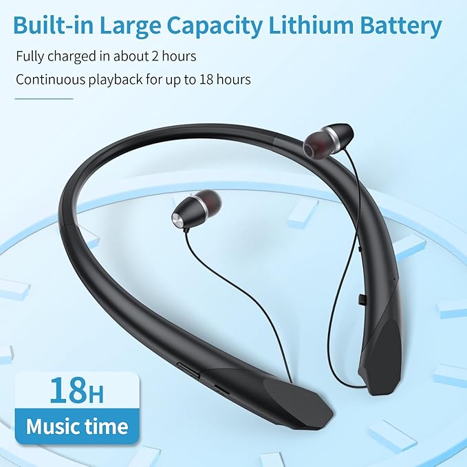 Bluetooth Headphones Retractable Neckband, Bluetooth Headset Wireless Earbuds with Microphone Vibration Call, Stereo Noise Cancelling Earphones (Black)