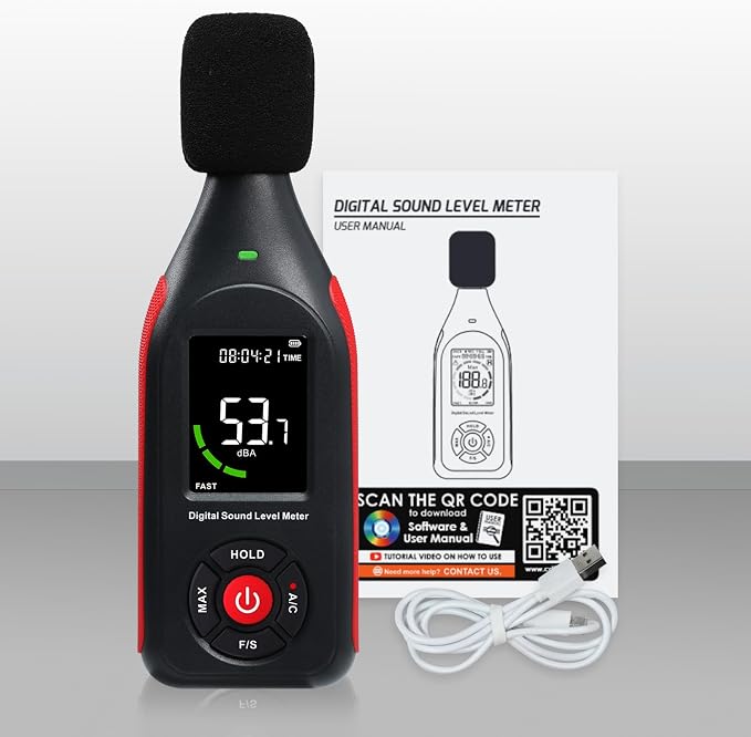 Decibel Meter Sound Level Data Logger, Portable SPL Meter Noise Monitor with Data Logging & Graph Printing, A/C Weighted, Fast/Slow, MAX, Data Hold, 3-Color Alarm dB Meter for Noisy Neighbor Factory