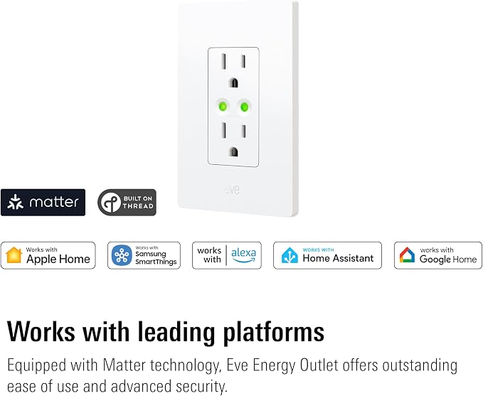 Eve Energy Outlet (Matter) – Smart Outlet & Power Meter, Tamper-Resistant, App & Voice Control, Works with Apple Home, Alexa, Google Home, SmartThings, Requires Thread Border Router