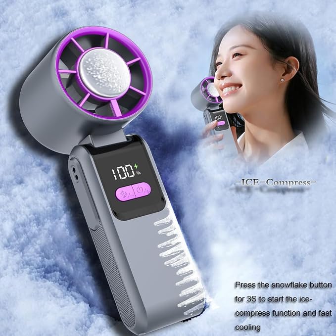 Portable and Foldable 3 in 1 mini ICE-Cooling high speed Turbo fan, 9W Led digital display of 1~199 levels wind speed and power,Brushless motor, Rechargeable dual colors housing(Grey and Purple)