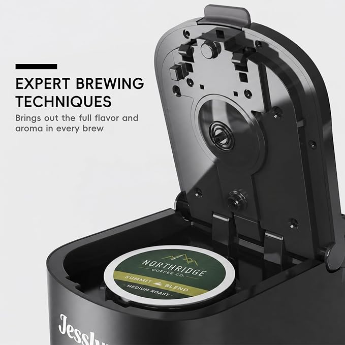 Jesslyn Single Serve Hot and Iced Coffee Maker, Compatible with Multiple Coffee Pods & Ground, Fits Tall Mugs, Over Ice & Strong Brew Function, for Home Office Travel RV Dorm, Classic Black