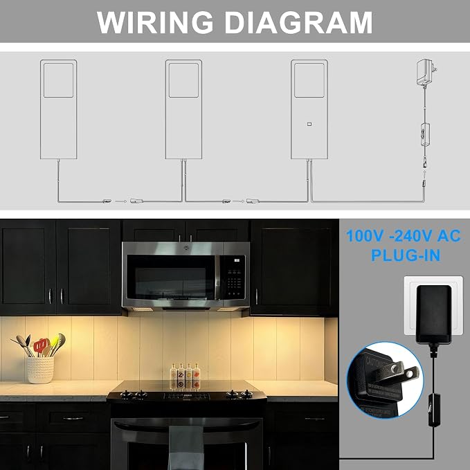Under Counter Lights for Kitchen, Plug in Linkable LED Dimmable Hard Wired Under Cabinet Lighting for Kitchen Counter Closet, 3000K/4000K/5000K, 0.28 inch Ultra Thin, 3-in-1, Black, ETL