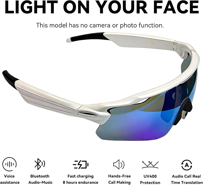 Bluetooth Smart Sunglasses for Men Women, Open-Ear Speaker Glasses with Touch Control, UV400 Polarized Lens, 5-6H Playtime for Outdoor Sports,White and Blue