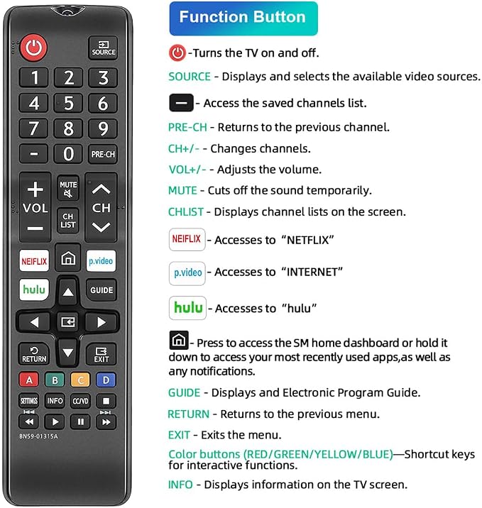 for Samsung-Smart-TV-Remote-Replacement, Universal for All Samsung TVs (BN59-01315A)
