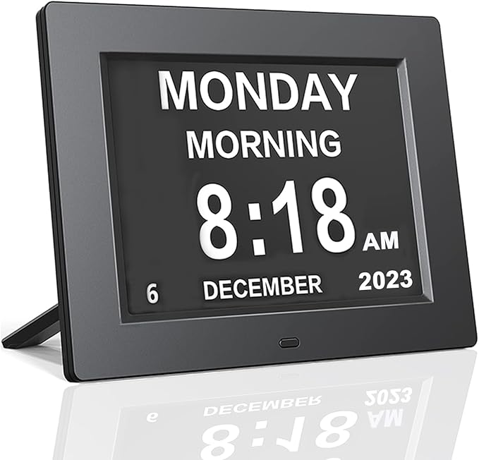 Johnziny 8 Inch Digital Calendar Day Clocks for Seniors-8 Alarms, Auto-Dim, Digital Clock Large Display Date and Day,Dementia Clocks for Seniors,Electronic Calendar with Large Number Black