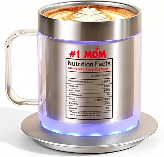Best Mom Ever Heated Coffee Mug Set — 12oz Self-Warming Mug + Glowing USB Warmer Base, Perfect Birthday, Valentine’s & Mother’s Day Gift from Husband, Daughter or Son (Silver)