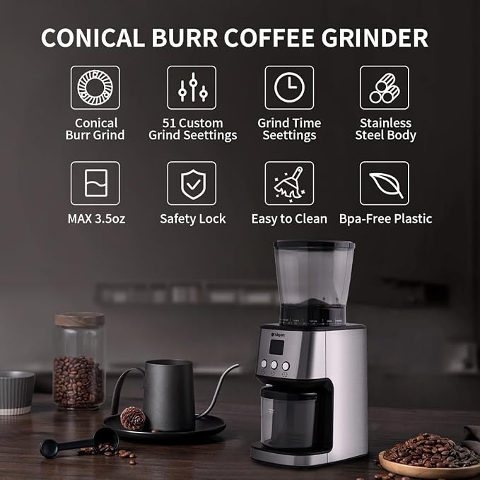 Stainless Steel Burr Coffee Grinder with 51 Grind Settings，Grind Timer,Electric Coffee Grinder for Espresso/Drip/Pour Over/Cold Brew/French Press Coffee Maker，120V/165W