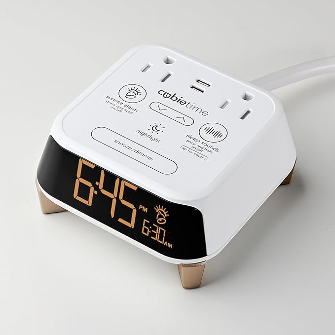 Brandstand CubieTime Zen - White (Latest Model) - White Noise/Sleep Sounds Alarm Clock Charger with 2 USB-C Ports, 2 Power Outlets, Night Light