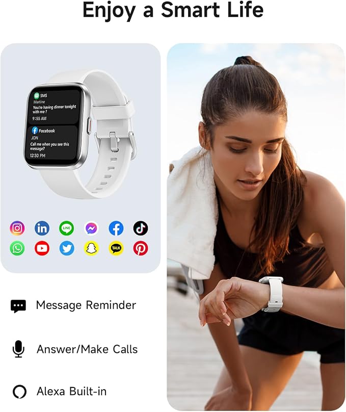 Woneligo Smart Watch for Women, Answer/Make Calls, Alexa Built-in, 1.85" Touch Screen Fitness Tracker for Android & iPhone, Heart Rate/Sleep/SpO2 Monitor Smartwatch, Waterproof (White)