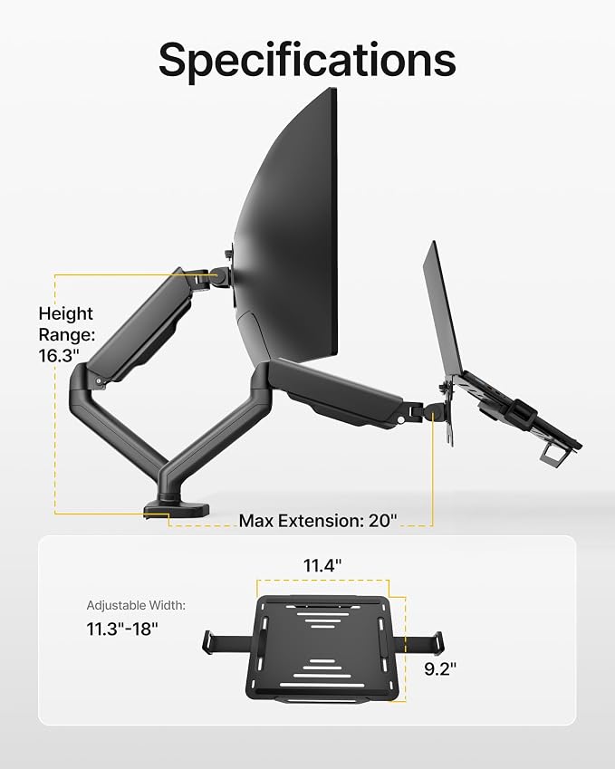 monTEK Laptop Arm Mount for Desk, 2-in-1 Monitor & Laptop Stand with Adjustable Laptop Tray, Fits Max 18" Notebook and 32" Screen, Aluminum Single Monitor Holder with VESA 75/100, Clamp/Grommet, Black
