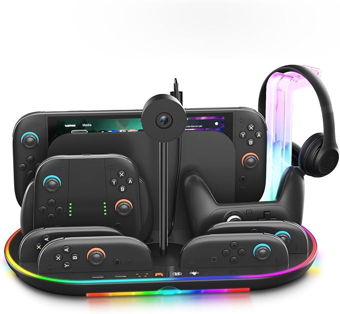 Charging Station for Switch 2 with Cooling Fan DOBEWINGDELOU Controller Charger for JoyCons and Pro Dock Stand with RGB Light 2 USB Ports 7 Game Card Slots LED Indicators
